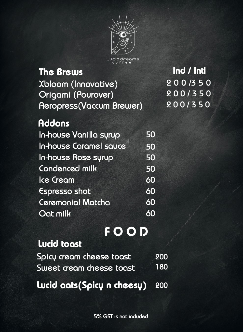 Lucid Dreams Coffee menu board