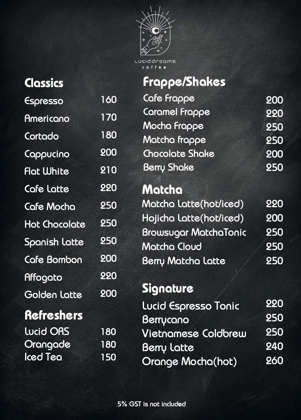 Lucid Dreams Coffee menu board